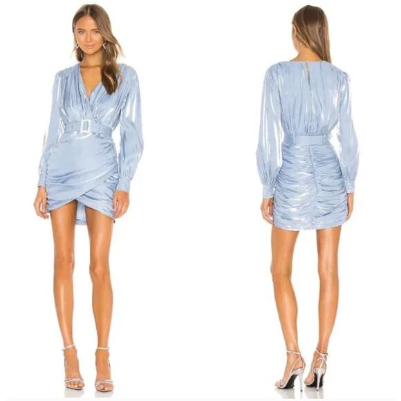Song of Style REVOLVE Baby Light Blue Tucker Mini Dress sz XS Faux Wrap Belt - Picture 4 of 16